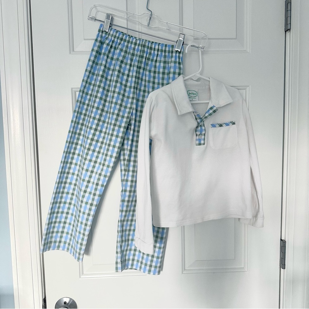 Grace & James Hudson Pant Long Sleeve Polo Shirt Set Blue Green Plaid Boys Sz 6